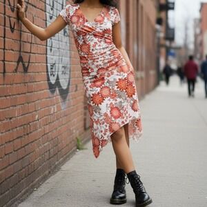 Y2K Babydoll Short Sleeve V Neck Top + Asymmetrical Skirt M Beige Orange Brown